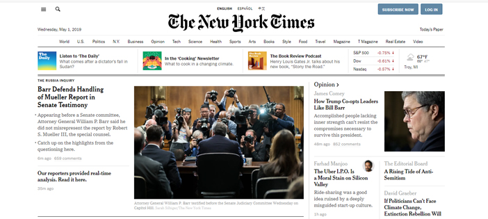 NYT homepage